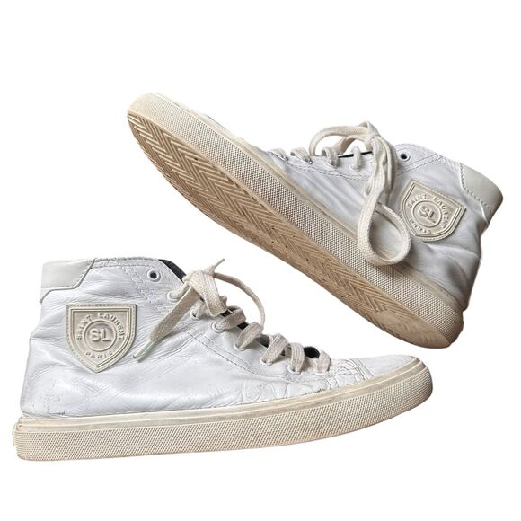 SAINT LAURENT Distressed High Top‎ Leather Sneakers White Sz 11 - Picture 1 of 6